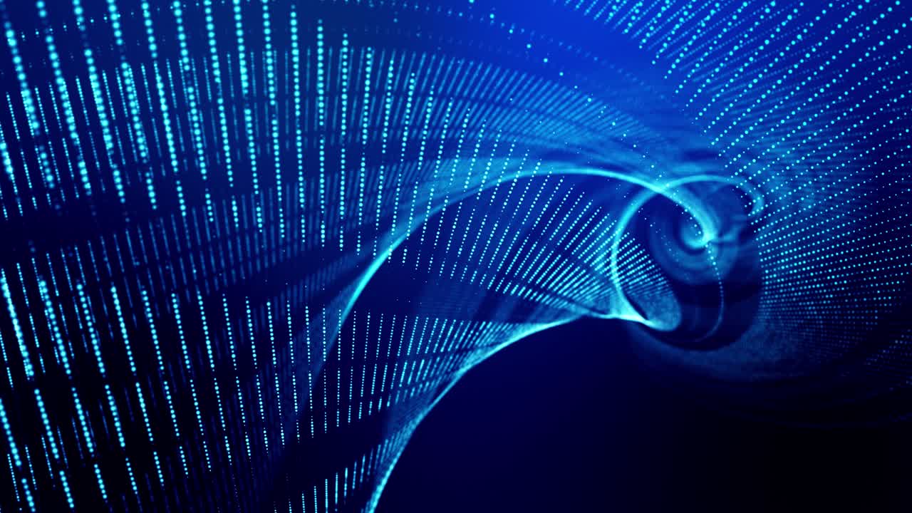 el fondo abstracto en bucle de 4k de partículas de brillo forma líneas, superficies como paisajes futuristas en el ciberespacio o hologramas. tema de ciencia ficción de microworld, nanotecnología o espacio cósmico. espiral azul 13
