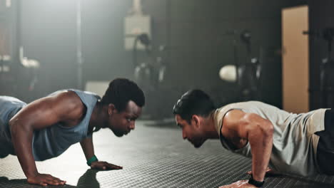 Men,-pushup-and-together-for-fitness-on-floor