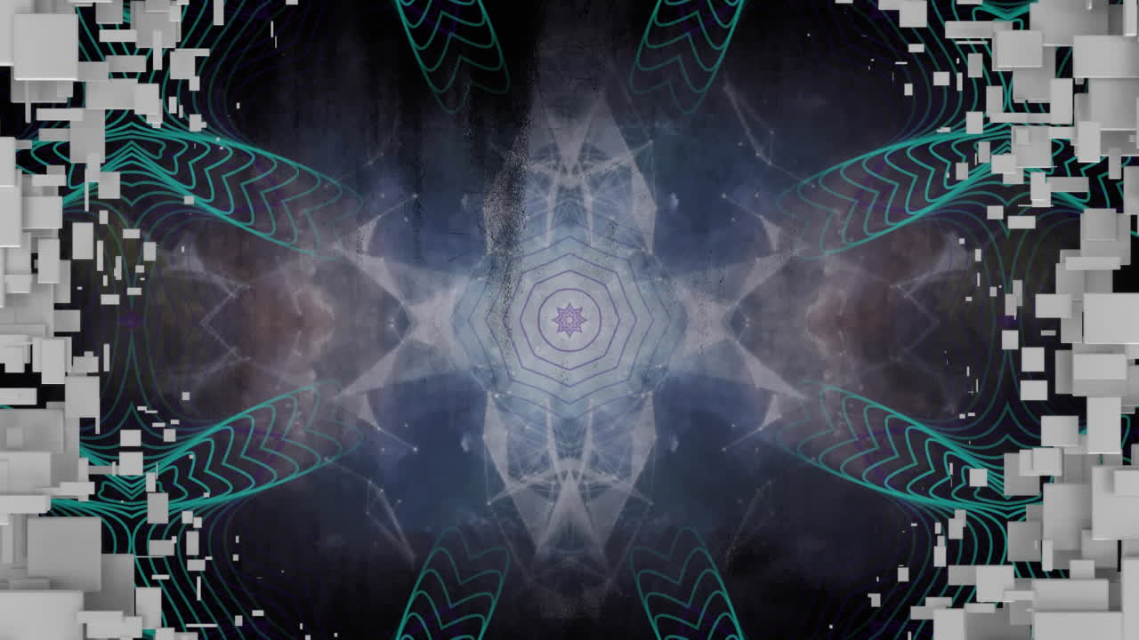 bloques blancos desapareciendo para mostrar formas caleidoscópicas moviéndose hipnóticamente