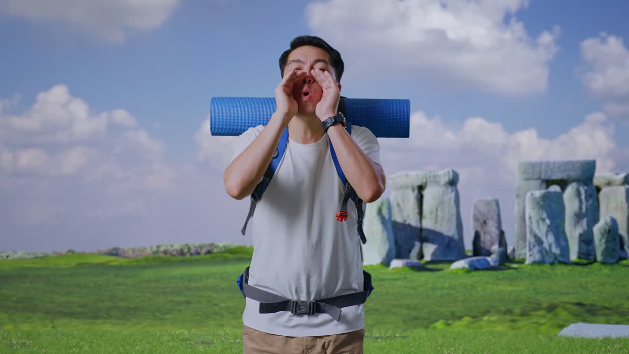Asian Male Hiker With Mountaineering Backpack Screaming Holding Hands Near His Mouth While Traveling In Stonehenge