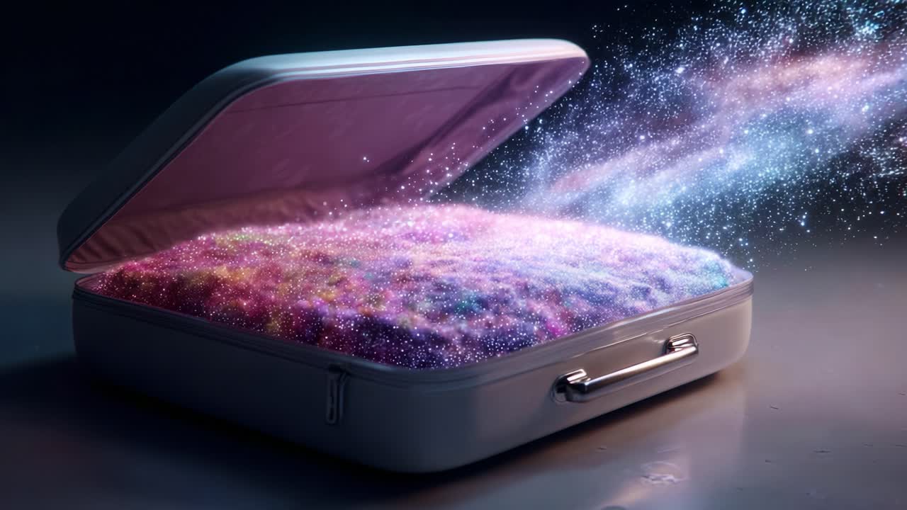 A Stunning Cosmic Suitcase Unveiling a Colorful Galaxy of Stars and Wonders, Merging the Concept of Travel with the Mystique of the Universe in a Mesmerizing Display
