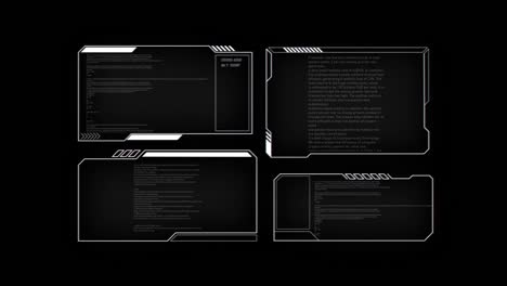 futuristische animation der hud-schnittstelle mit spieldesign-frames, boxen. abstrakte technologie mit loop-hintergrund. hi-tech digitales cyber-konzept. fui, gui,ui virtuelles design. cyberspace-elemente, text