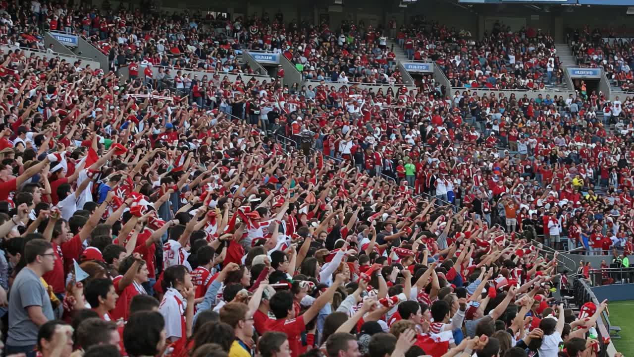 A Vibrant Crowd at a Sporting Event Celebrates with Enthusiasm, Flashing Their Hands in Unison and Displaying Team Colors in a Sea of Red