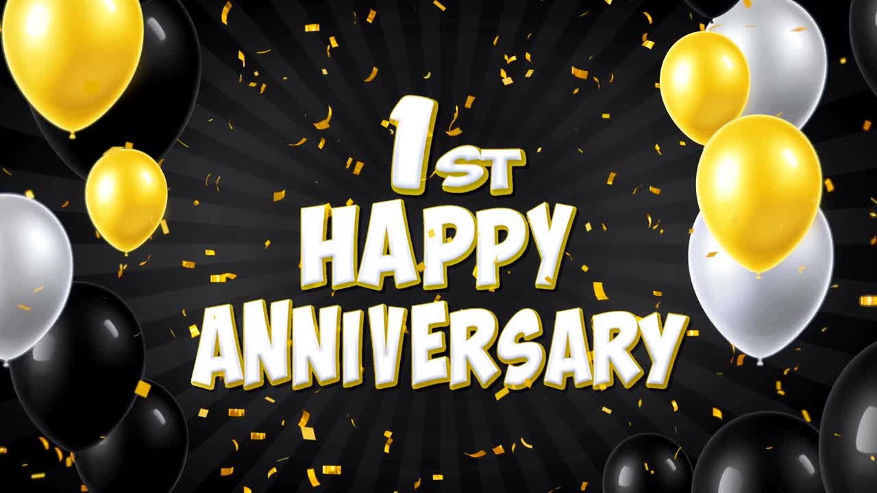 1st Happy Anniversary Black Text With Golden Confetti Falling and Glitter Particles, Colorful Flying Balloons Seamless Loop Animation for Greeting, Invitation card, Party, celebration, Festival.