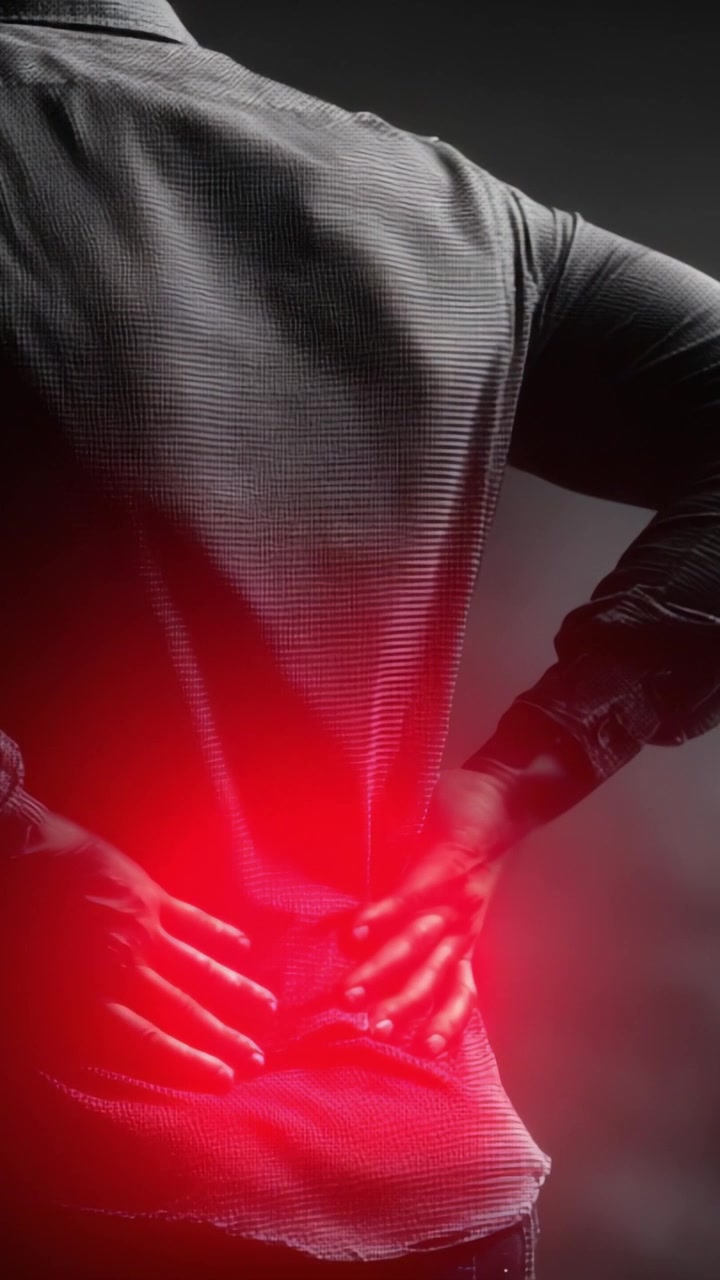 A Person Grasping Their Lower Back, Signifying Discomfort or Pain, Under Dramatic Lighting with a Red Glow Emphasizing the Area of Concern in a Dark Setting