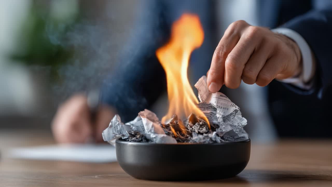 A Professional Burning Paper in a Bowl: The Process of Disposing of Documents, Igniting Flames and Ashes, Highlighting Office Clean-Up and Confidentiality