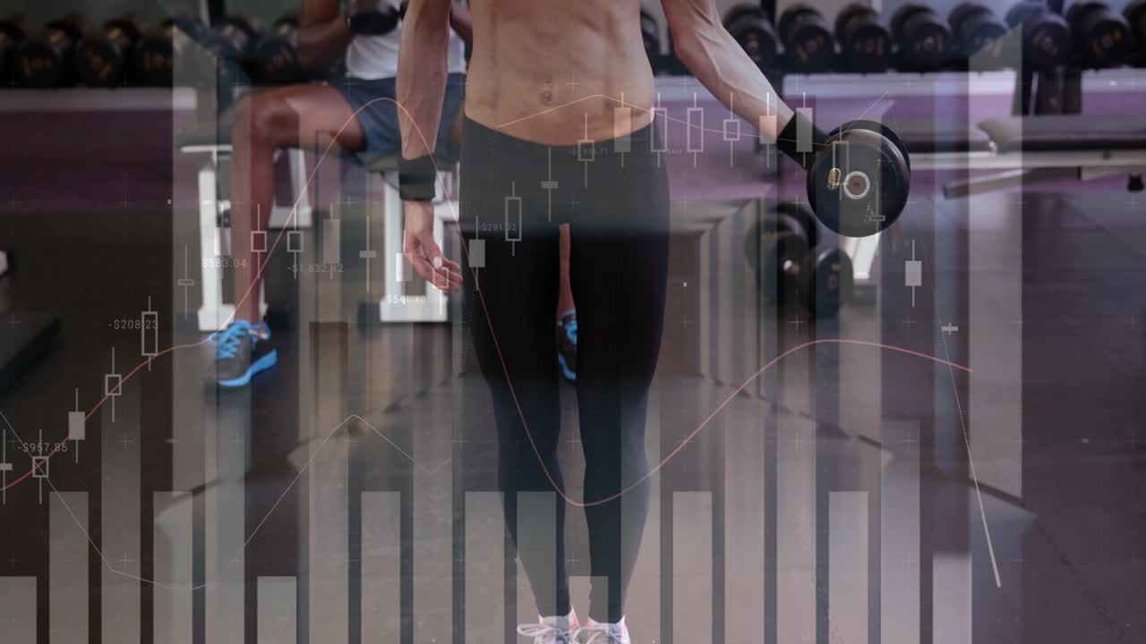 Female exerciser starting dumbbell curl, camera shifting forward, finance charts tracking progress