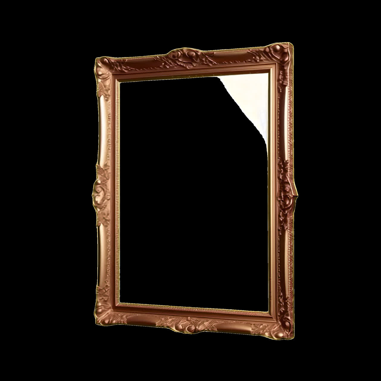 Elegant ornate gold mirror frame animation isolated asset, transparent 4K video, alpha channel