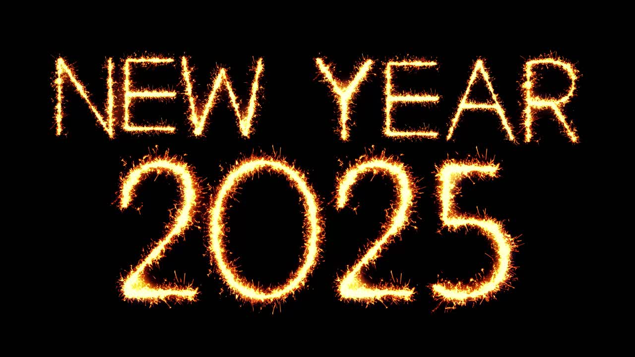 New year 2025 text sparkler writing with glitter sparks particles firework on black 4k loop