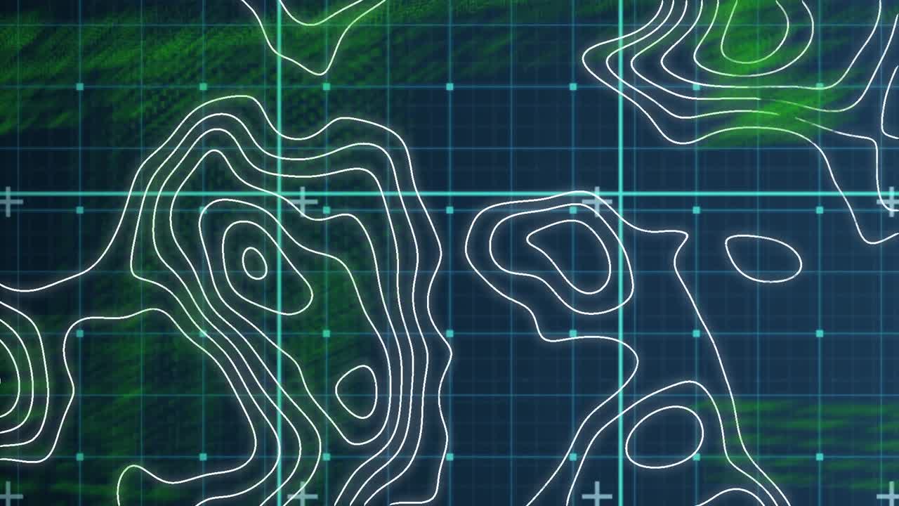 Animation of data processing, white map lines over grid