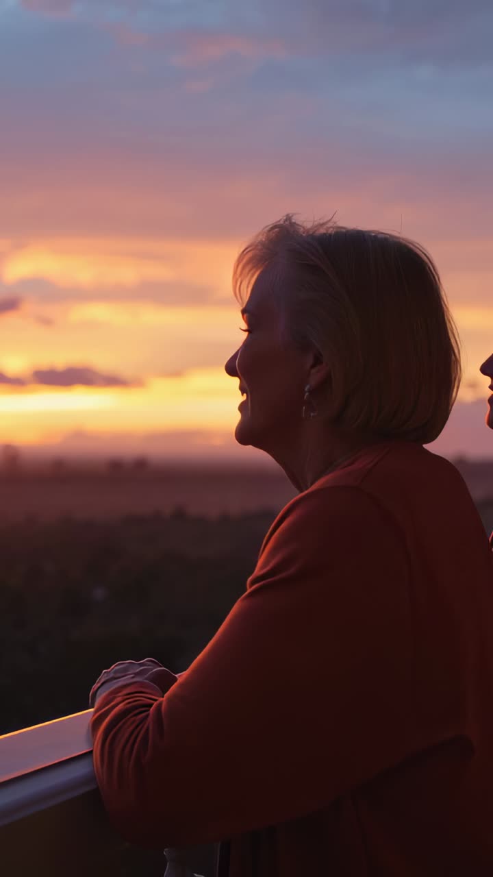 Vertical video: At sunset mom and daughter moving closer on balcony, watching sun, wearing sweater