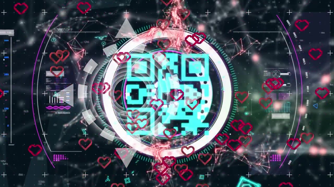 Animazione di cuori che fluttuano sopra un codice QR e elaborazione dati.