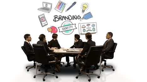 Business-people-looking-at-digital-screen-showing-branding