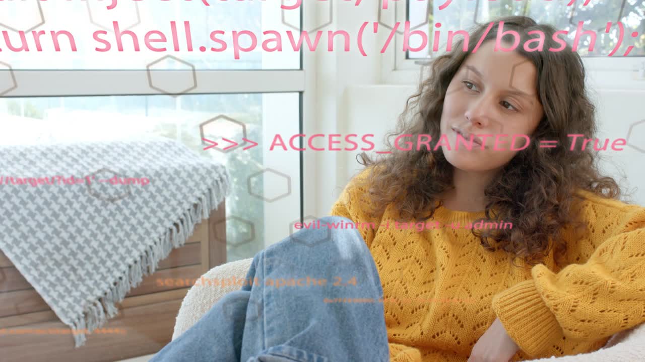 Woman sitting chair at start, shifting, tucking hair while pink code drifting across face for tech
