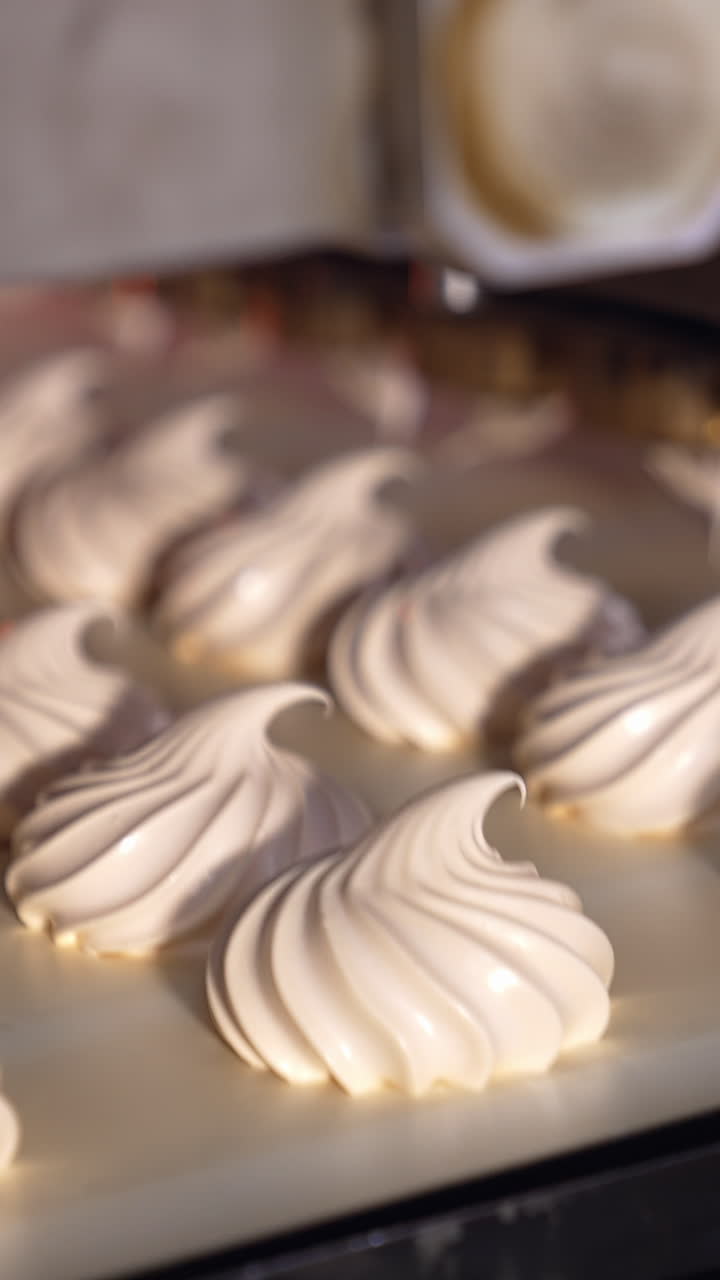 Confectionery industrial production. Marshmallow making factory conveyor. Vertical video