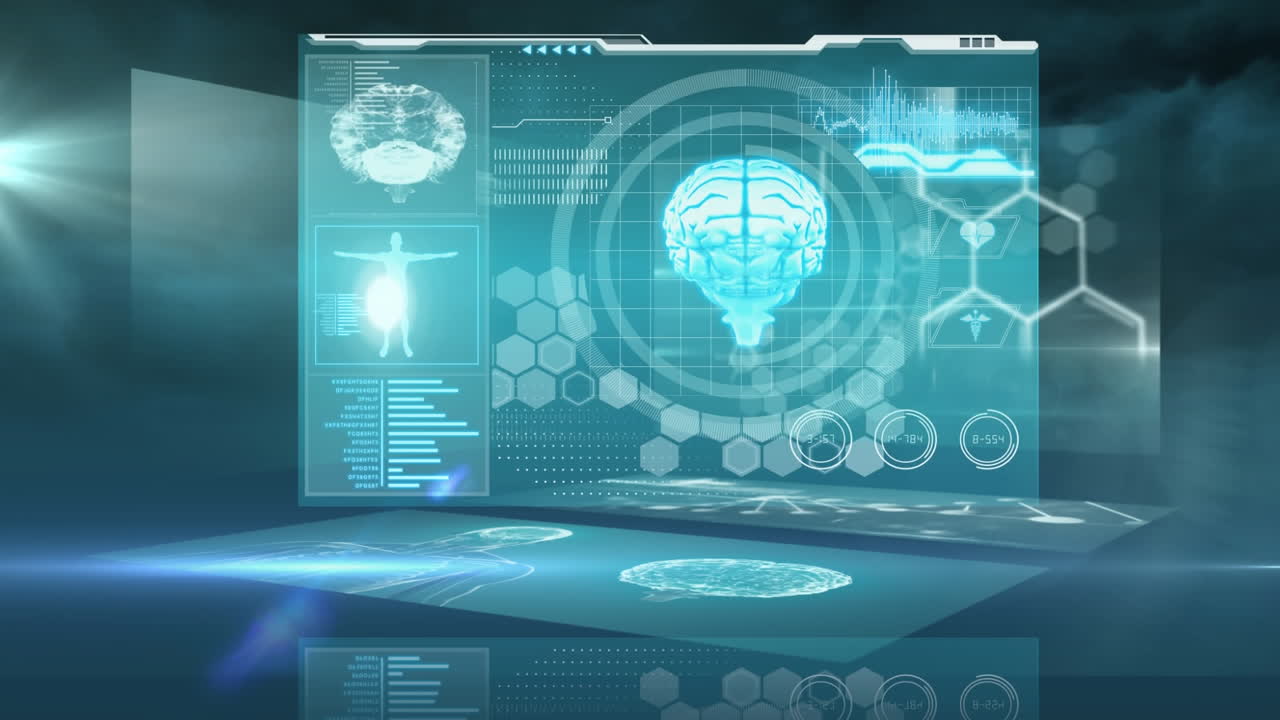 화면에서 떠다니는 분자의 애니메이션과 의료 데이터 처리