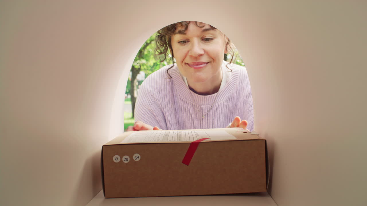 Happy Woman Retrieving Delivered Parcel from Outdoor Mailbox