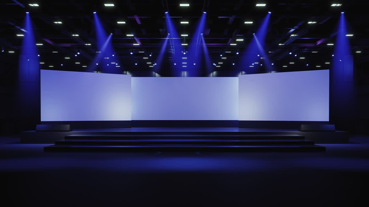 Bevægelig tom scene design til mock-up og virksomhedsidentitet, display. Platformselementer i hal. Tomt skærmsystem til grafiske ressourcer. Iscenesættelse med LED-natlys til scenebegivenheder. 3D-baggrund til online, begivenhed, konference, live. 3D-rendering