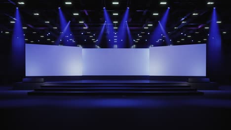 motion empty stage design for mockup and corporate identity,display.platform elements in hall.blank screen system for graphic resources.scene event led night light staging.3d background for online,event,conference,live.3 render.