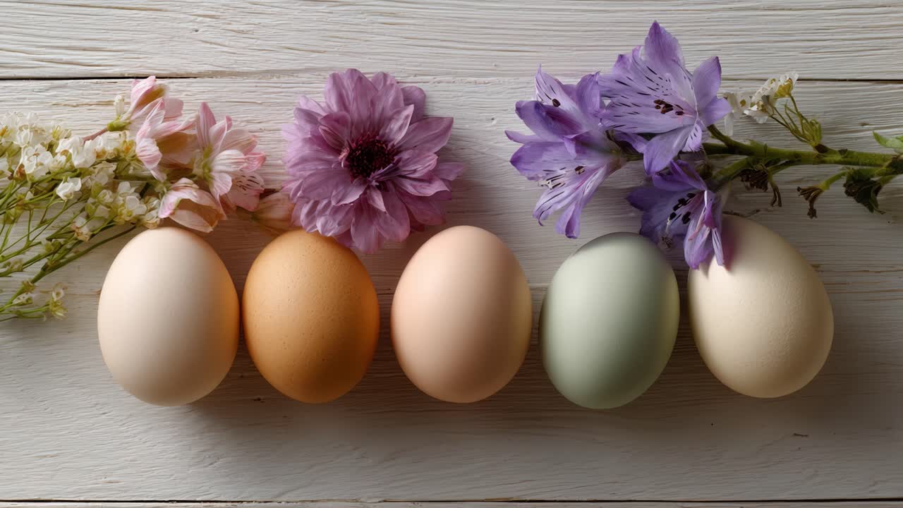 Arreglo Estético de Huevos Coloridos Rodeados de Flores de Temporada sobre una Superficie de Madera Rústica – Perfecto para Celebrar la Primavera e Ideas de Decoración Estacional