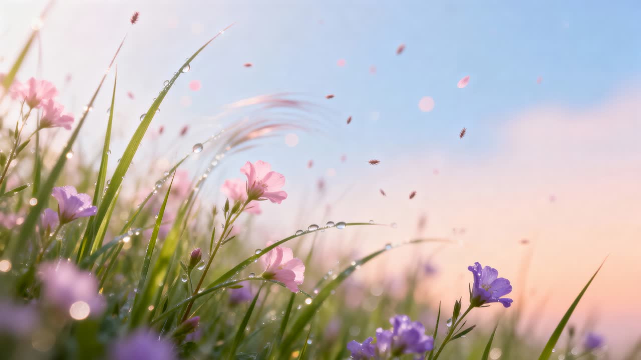Swaying pink purple flower cluster and grass blades in meadow, breeze stirring dew and petals