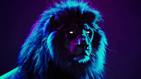 neon lion with glowing eyes