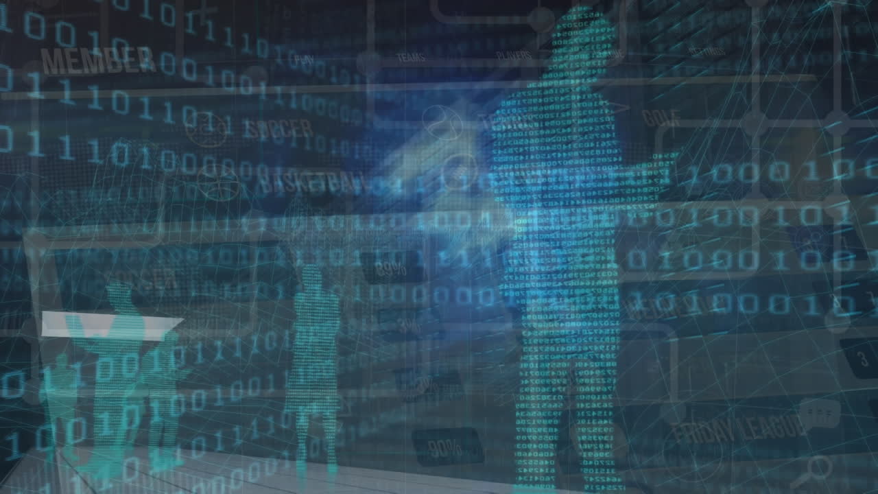 Animation of binary codes over human representation against server room in background