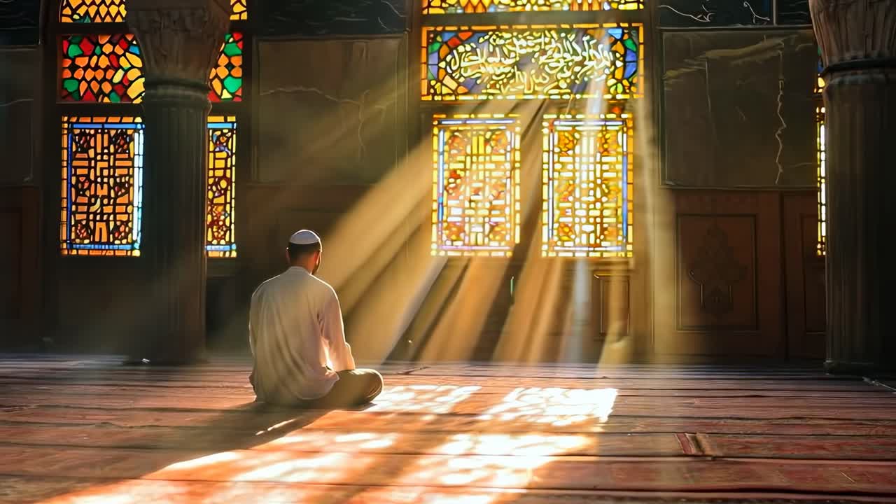 A serene video scene of a man in prayer, captured from behind at a low angle, with sunlight