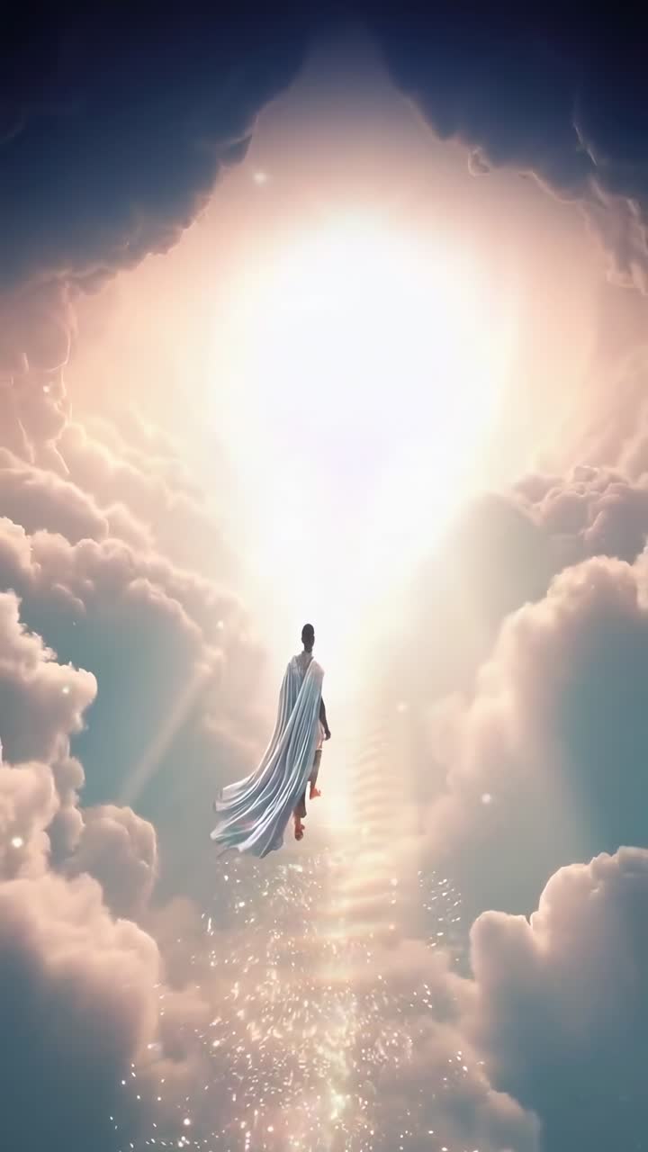 A man ascends glowing stairs into the clouds, captured from a low angle, evoking a dreamlike video