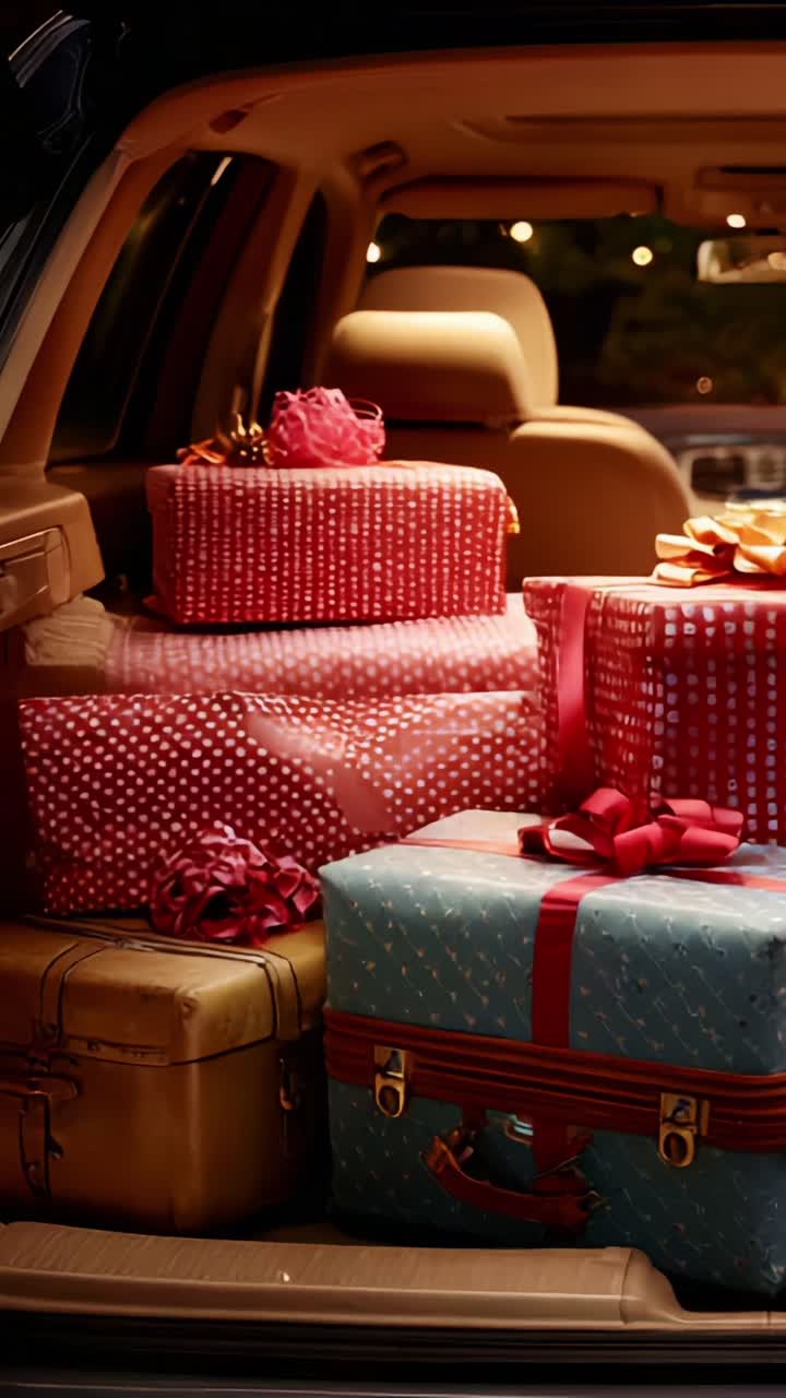 Un colorato assortimento di scatole regalo e valigie che riempiono il bagagliaio di un'auto, mettendo in mostra un mix di modelli e texture, perfettamente preparato per una festa o un evento speciale