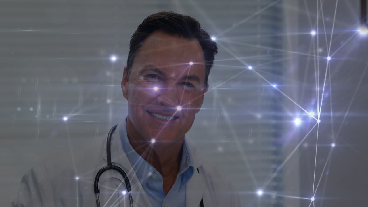 Animazione di rete di connessioni con punti luce su un medico caucasico