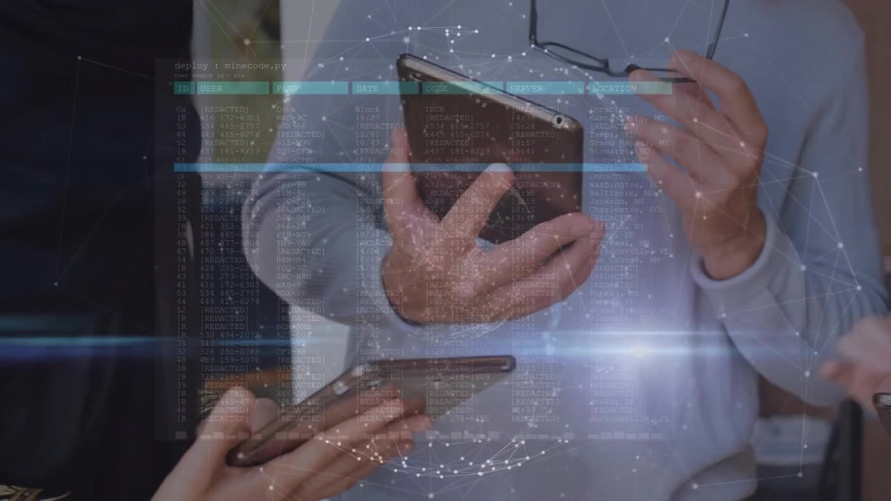Animación del procesamiento de datos sobre personas de negocios caucásicas en la oficina