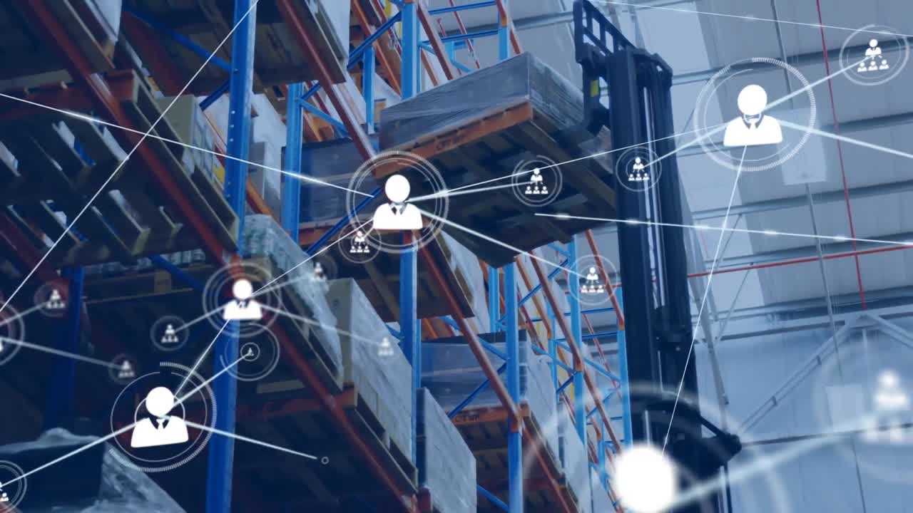 animación de la red de conexiones con iconos sobre el almacén en segundo plano