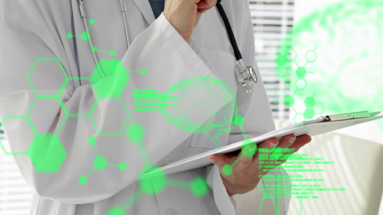 animación del procesamiento de datos médicos en la sección media del médico escribiendo en el clipboard en el hospital