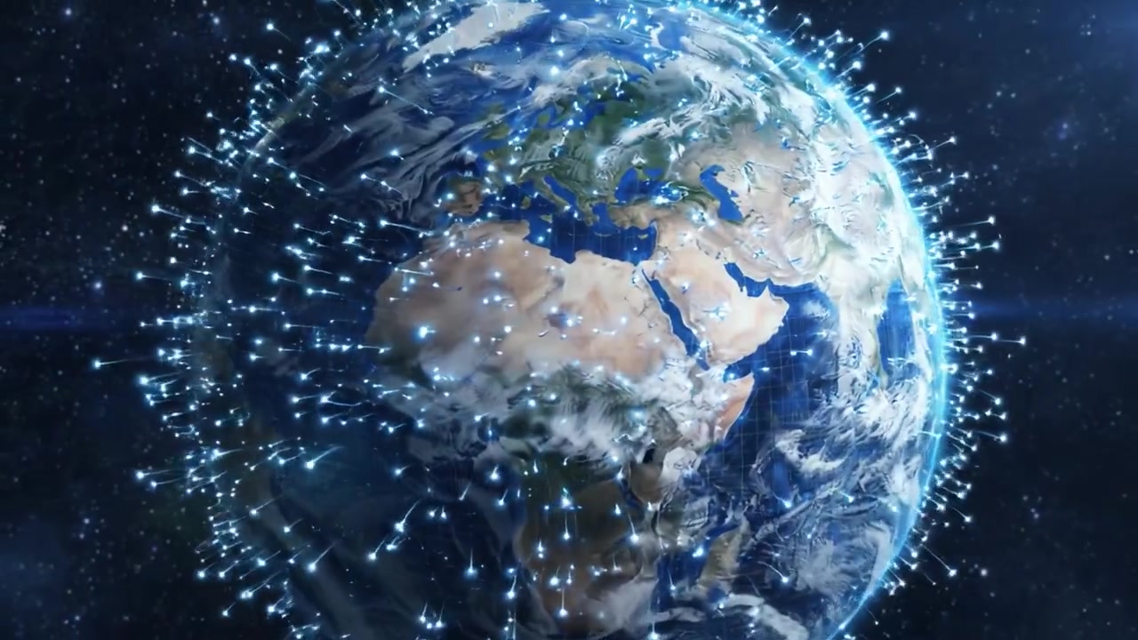 Una vista affascinante della Terra dallo spazio, che transita da uno stato naturale a una prospettiva digitalmente migliorata con nodi di rete che illuminano il globo.