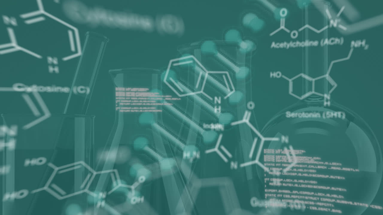 실험실에서 빈 컵에 대한 dna 줄무, 데이터 처리 및 화학 공식의 애니메이션