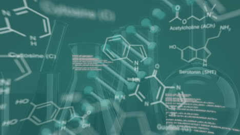 Animation-of-dna-strand,-data-processing-and-chemical-formula-over-empty-beakers-in-lab