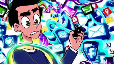 animated man overwhelmed by digital overload and social media