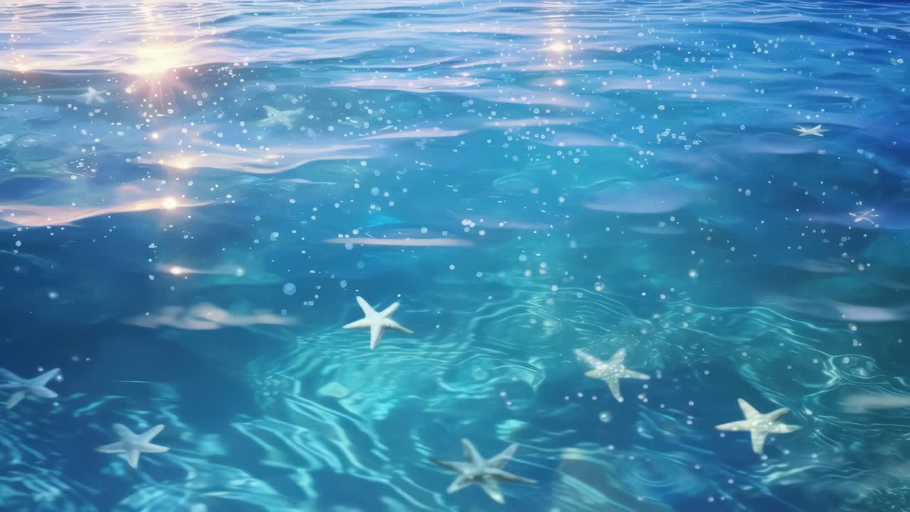 Aerial video captures serene ocean surface with starfish and sparkling sunlight reflections