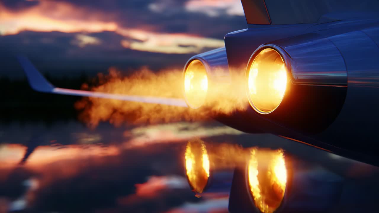Stunning Close-Up of Jet Engine Exhausts at Sunrise, Showcasing the Vibrant Glow of Afterburners and Reflections on Still Water, Capturing the Essence of Aerodynamics and Flight Power
