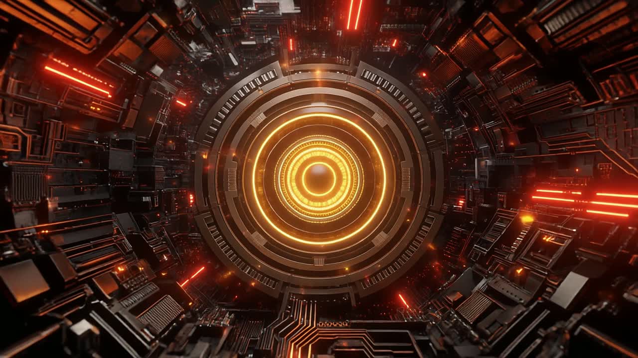 Tunnel digitale futuristico con anelli arancioni luminosi e circuiti