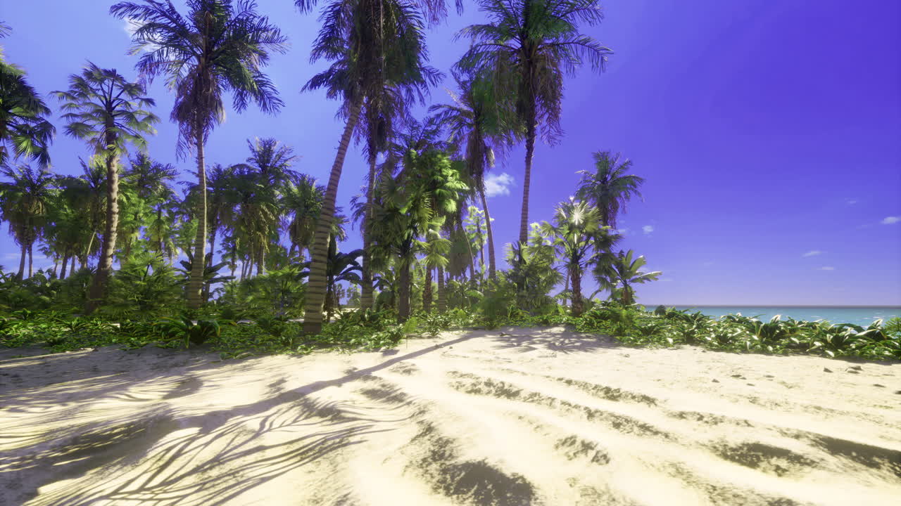 Tropical paradise landscape with palm trees on serene beach at sunset
