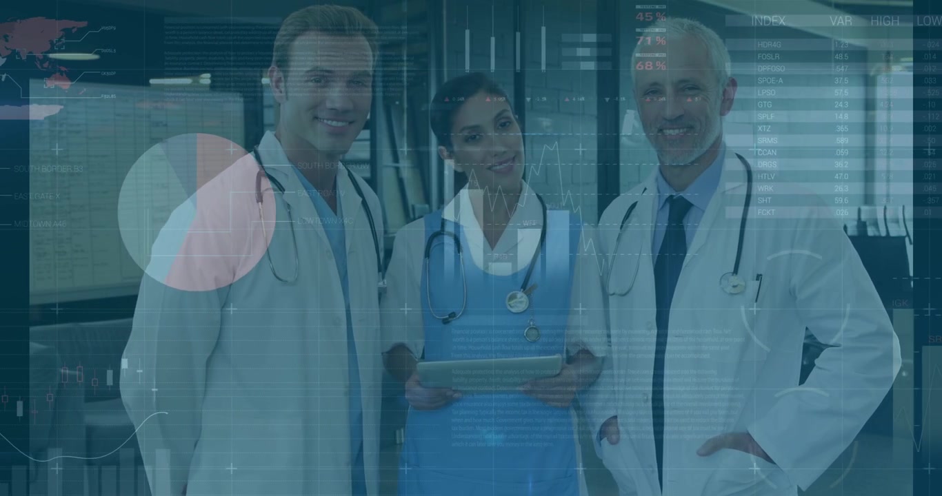 Animation of graphs and data over smiling diverse female and male doctors