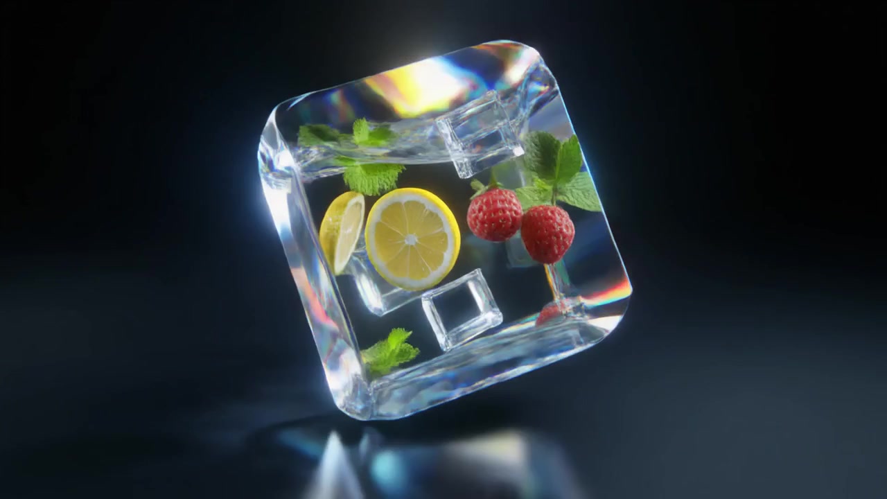 Cubo di vetro galleggiante contenente fette di limone, lamponi e foglie di menta