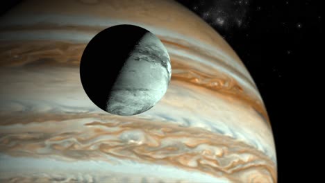 beautifully detailed 3d cgi space scene of the moon ganymede, with the vast shape of jupiter in the background