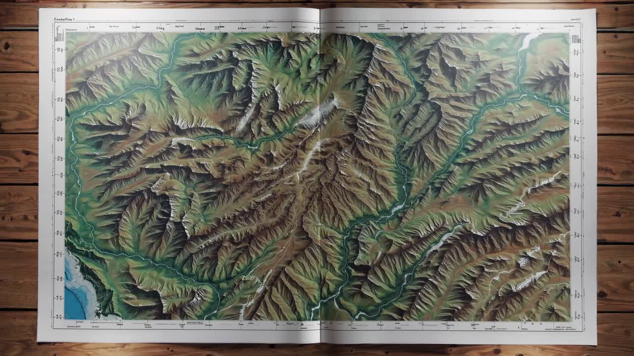 Top-down video view of a detailed topographic map on a wooden table, highlighting mountain ranges
