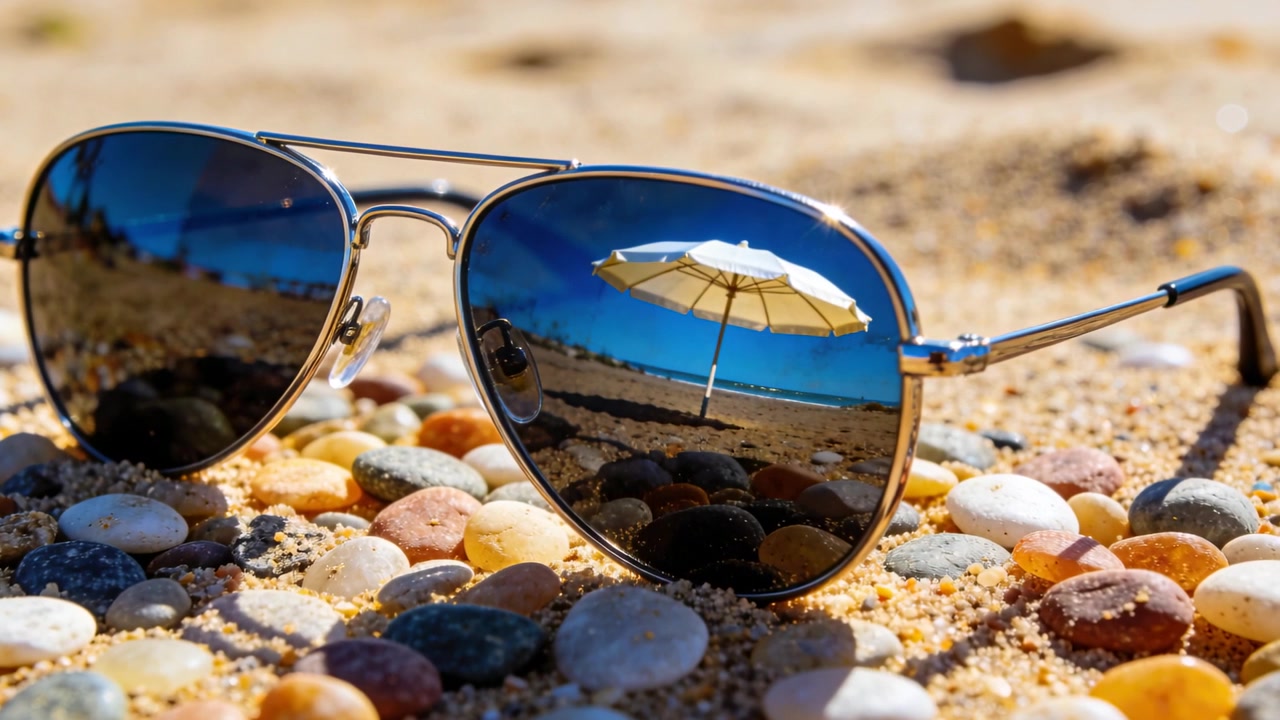 Cámara baja en movimiento capturando gafas de sol de aviador sobre guijarros, con lentes azules que reflejan el horizonte de un paraguas.