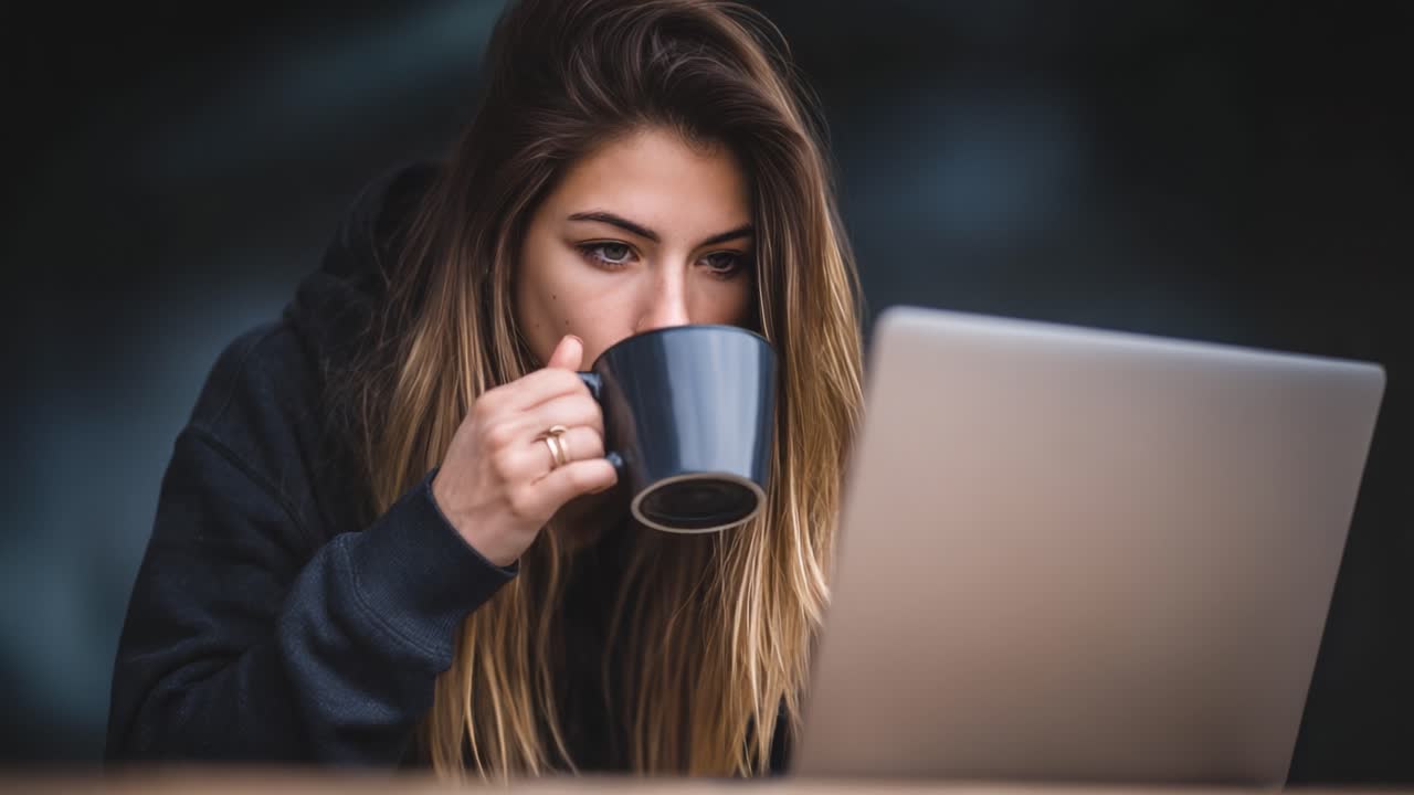 A Thoughtful Moment: A Young Woman Enjoys Her Coffee While Engaged With Her Laptop, Capturing a Cozy Atmosphere Perfect for Reflection and Productivity