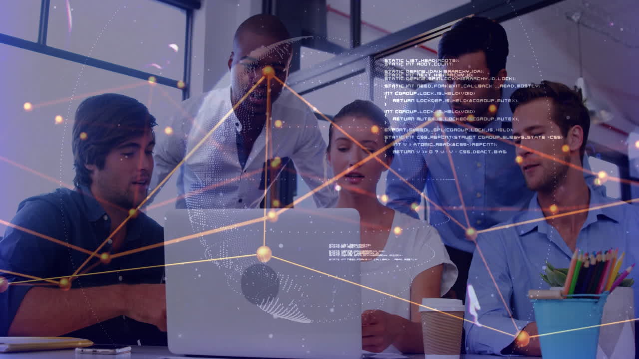 Animation of network of connections over diverse business people using laptop in office