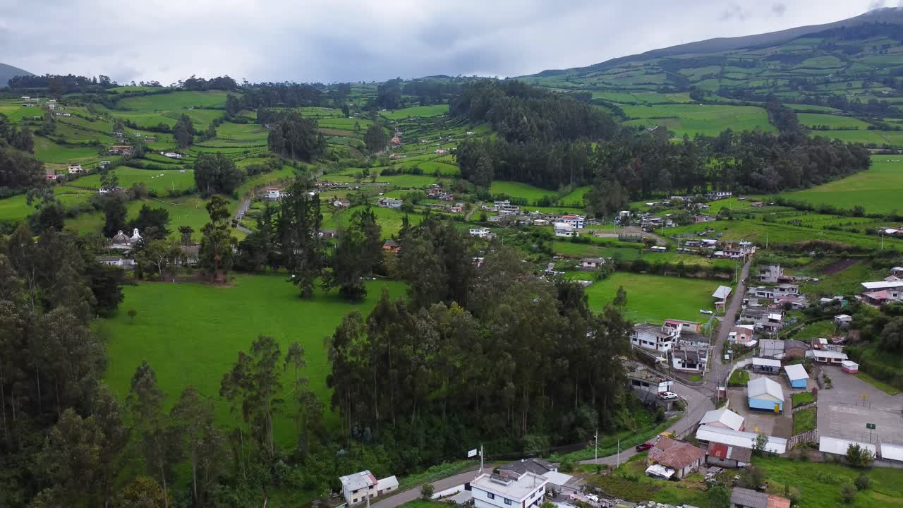 Paesaggio agricolo andino del villaggio Barrio Guitig, Ecuador. Ripresa aerea